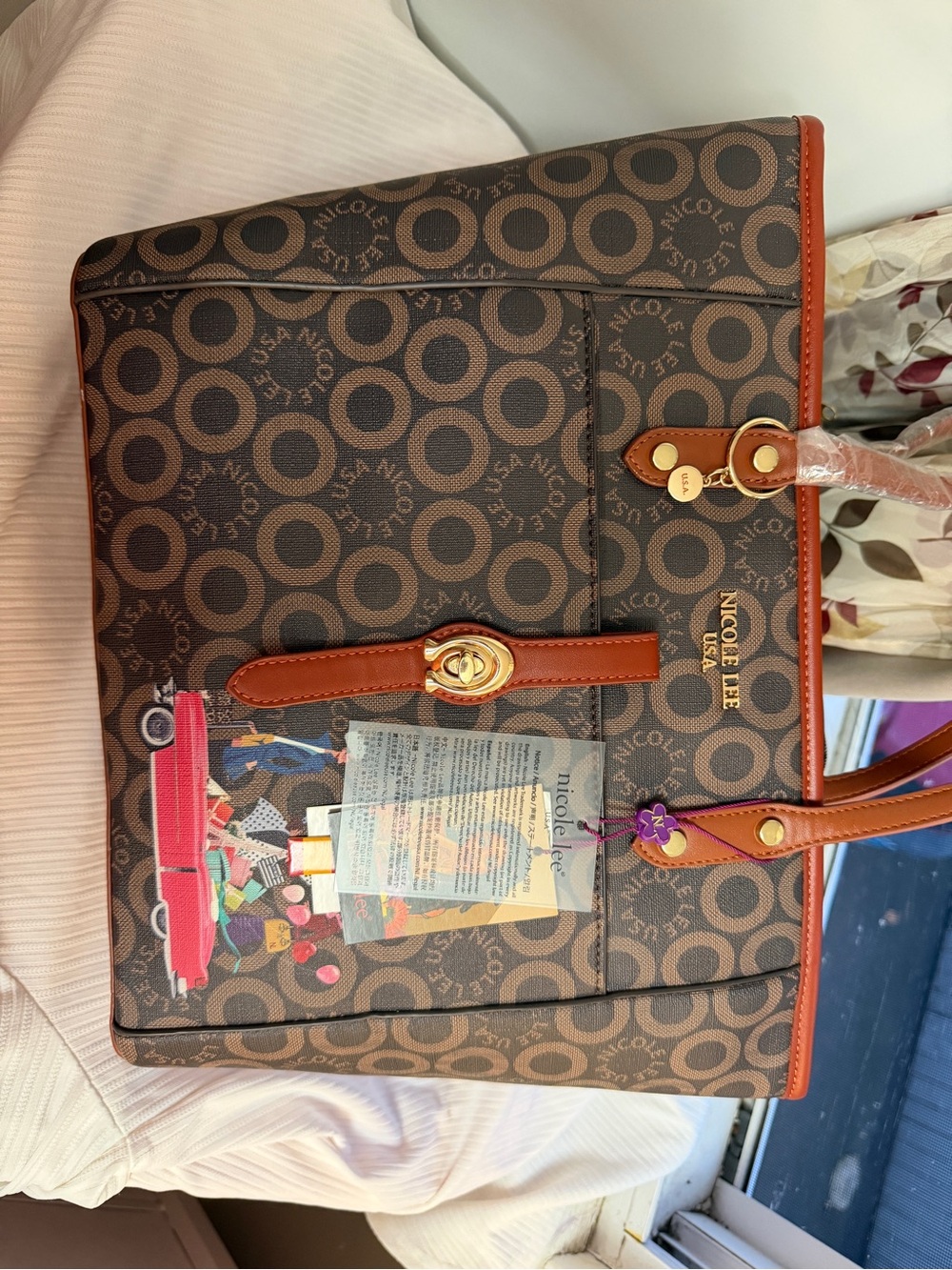 Nicole Lee Brown Tote with Tan Trim and Gold Hardware